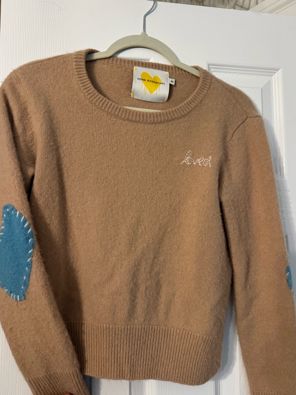 Kerri Rosenthal Camel Crewneck Sweater with Blue Elbow Hearts